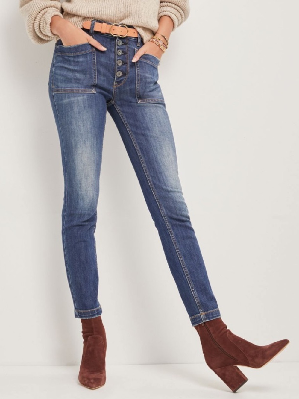 Anthropologie Pilcro High-Rise Patch Pocket Button-Fly Jeans in Medium Wash